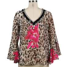 OEM Leopard Ruffles Satin Shirts Long Sleeves Blouses Tops For Women